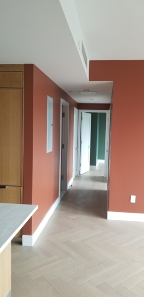 Long hallway with terracotta painted walls, white trim, wood cabinets, and herringbone wood floor